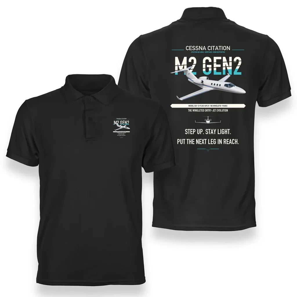 Cessna Citation M2 Gen2 design on black double-side polo t-shirt, double-side print