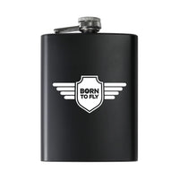 Thumbnail for Born To Fly & Badge aviation design on stainless hip flask, compact pocket-size flask.