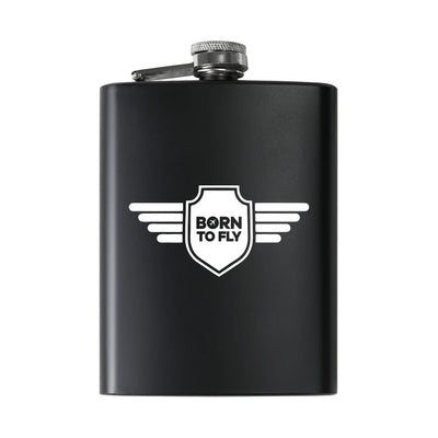 Born To Fly & Badge aviation design on stainless hip flask, compact pocket-size flask.