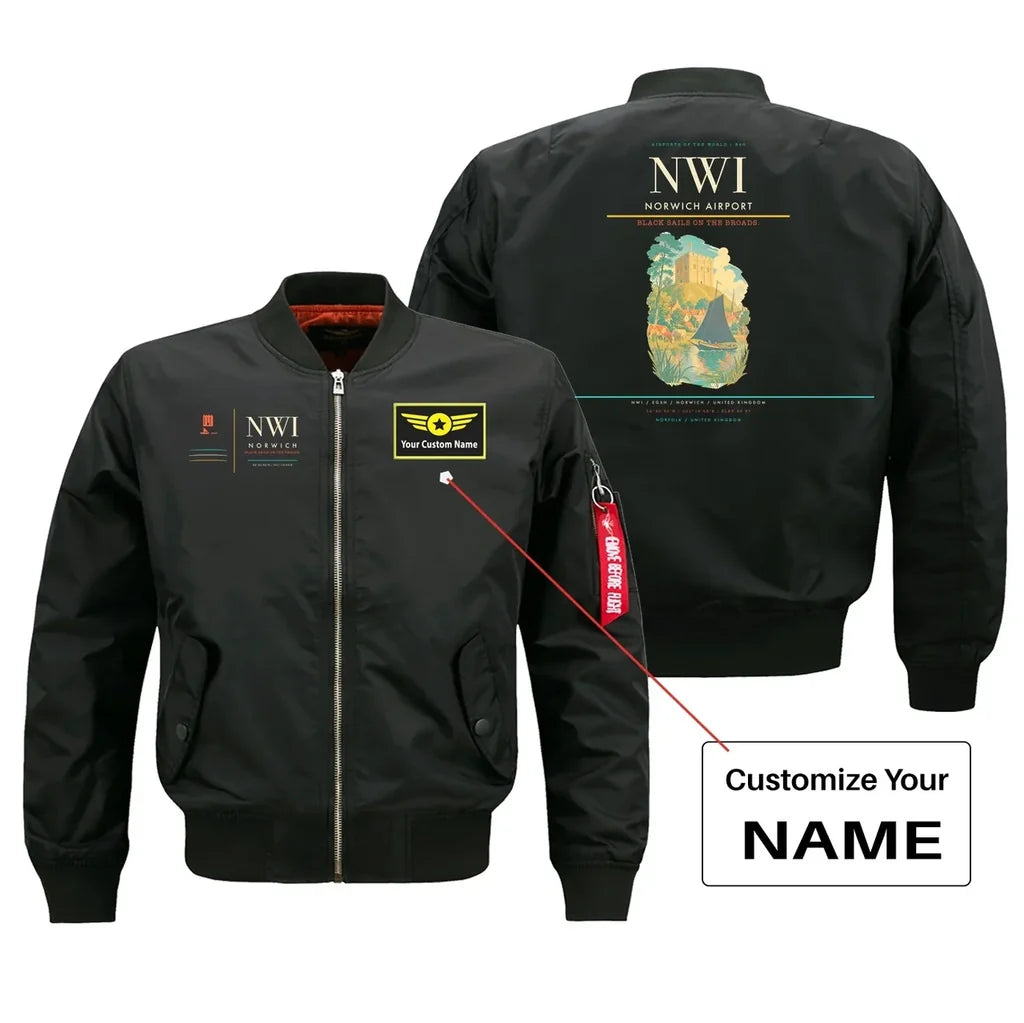 Norwich Airport (NWI) design on black bomber jacket with custom name patch