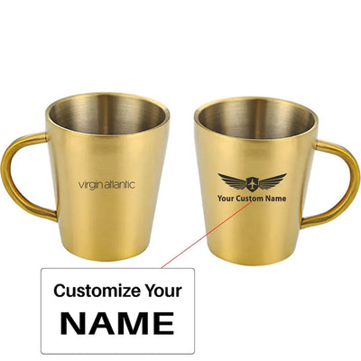 Virgin Atlantic Airlines aviation design on stainless coffee mug, durable stainless steel construction.