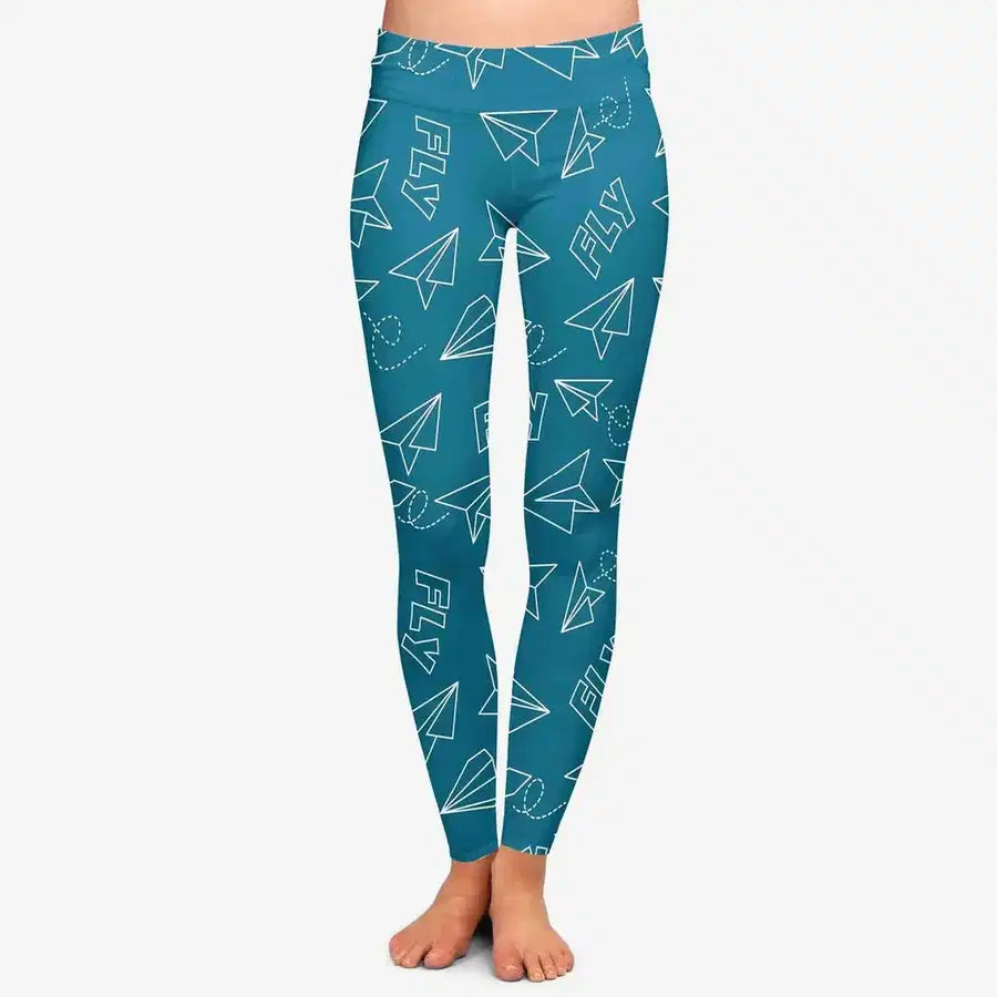 Paper Airplane & Fly aviation design on stretch polyester blend women's leggings.