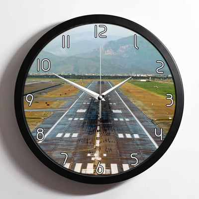 Mountain View and & Runway aviation design on premium wood and metal wall clock.