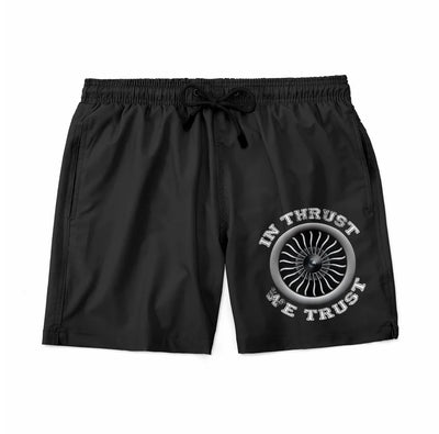 In Thrust We Trust (Vol 2) aviation design on quick-dry polyester swim trunks.