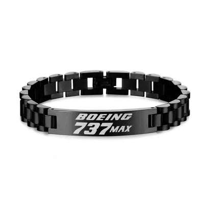 Boeing 737Max aviation-themed chain bracelet, polished stainless steel.