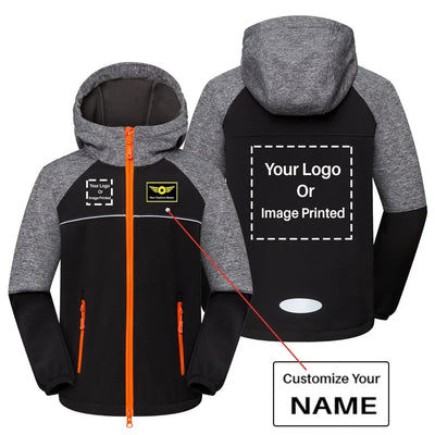 Custom Name & 2 LOGOS aviation design printed on warm polar fleece kids' polar jacket.