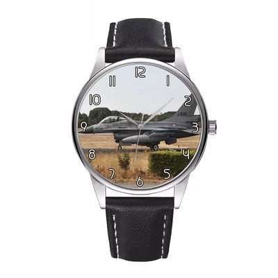 Side view of Fighter Jet 16 From Side aviation watch with leather strap in leather strap, polished finish.