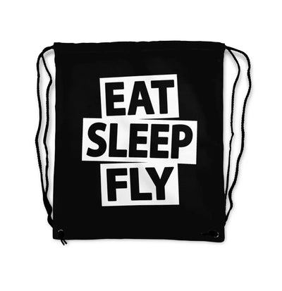 Eat Sleep Fly aviation drawstring bag in lightweight polyester.