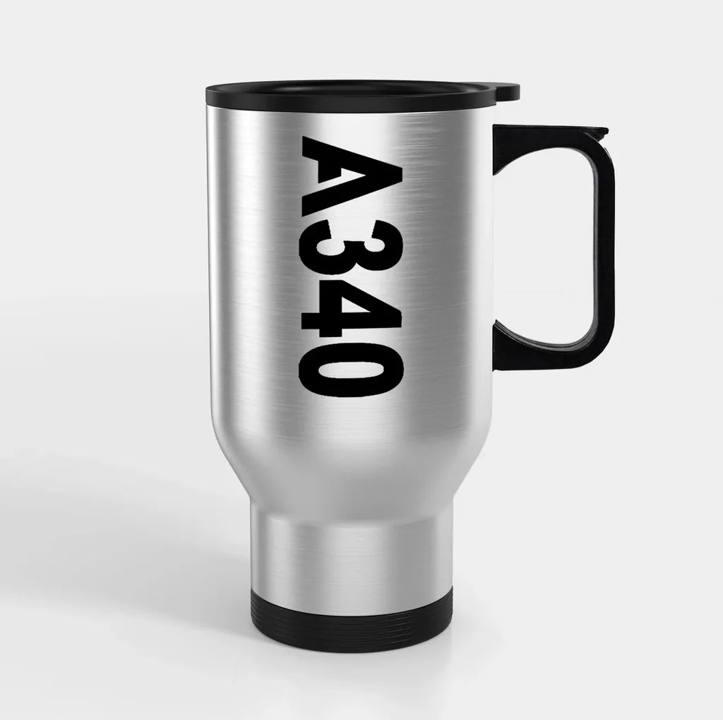 Airbus A340 Text Side Travel Mugs (With Holder) aviation design on travel mug with holder, insulated double-wall with car-cup.