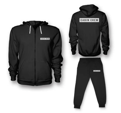 Cabin Crew Text aviation design on soft cotton blend zipped hoodie and sweatpants set.
