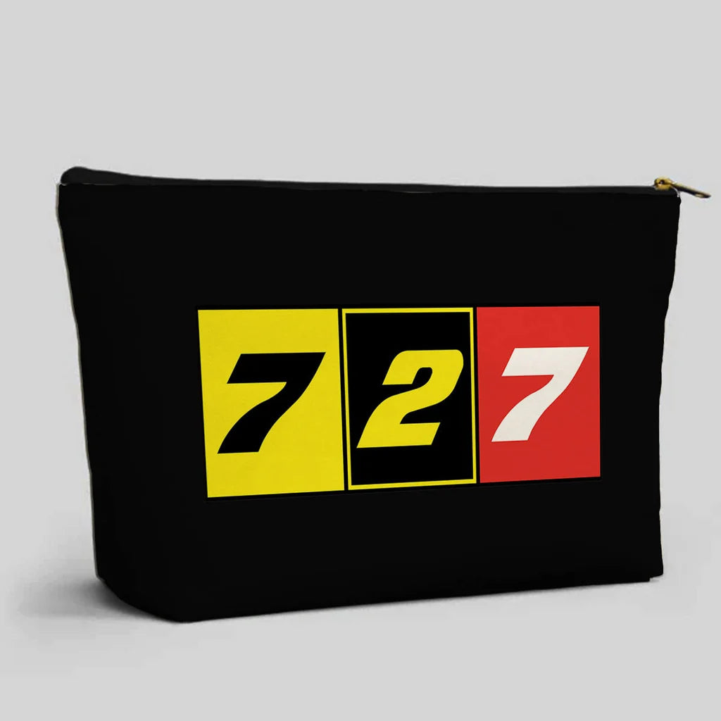 Flat Colourful 727 aviation design zipper pouch, durable polyester construction.