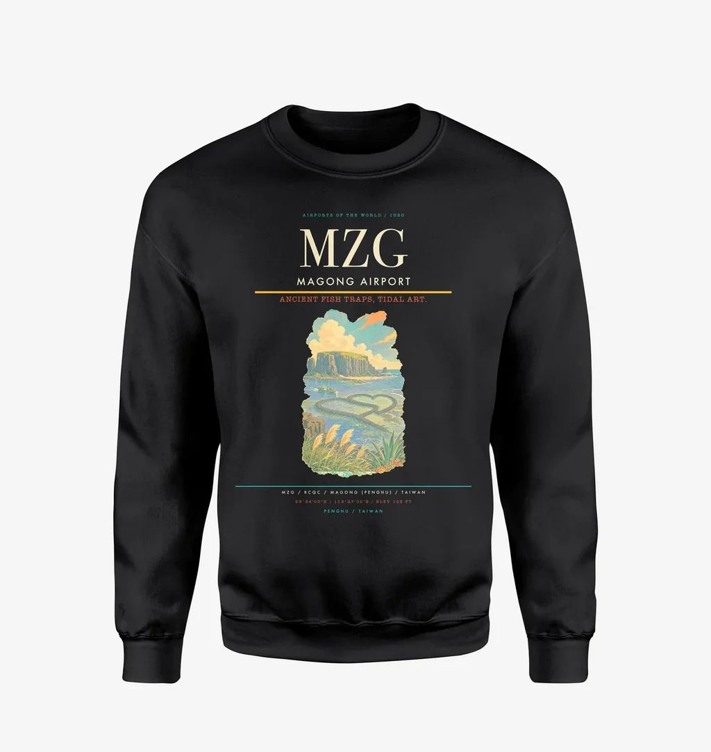 Magong Airport (MZG) design on black sweatshirt