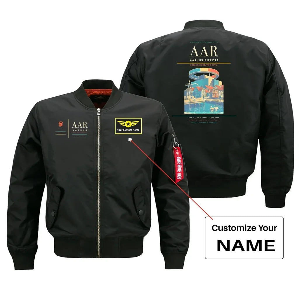 Aarhus Airport (AAR) design on black bomber jacket with custom name patch
