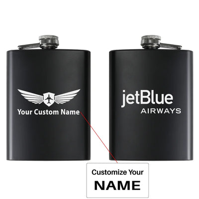jetBlue Airways Airlines aviation design on stainless hip flask, compact pocket-size flask.