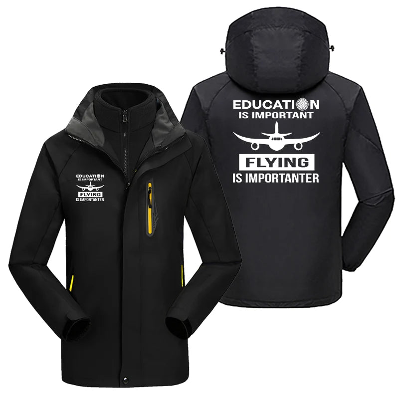 Flying is Importanter aviation design printed on heavyweight insulated shell with snow cuffs thick ski jacket.