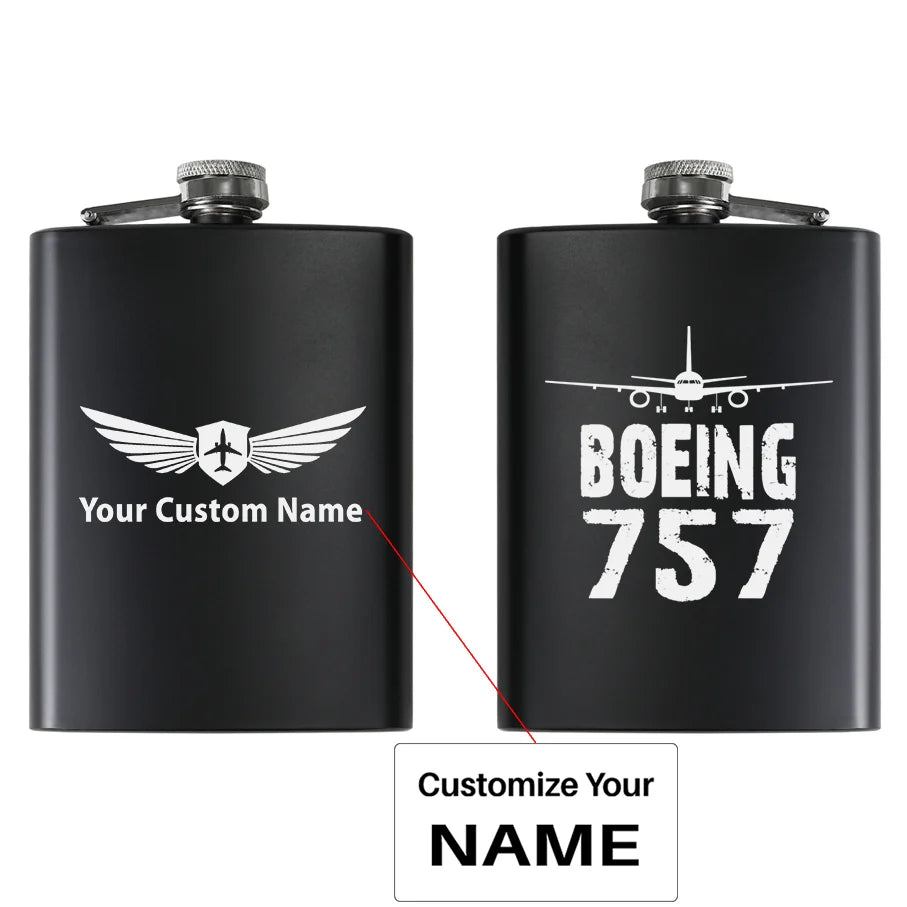 Boeing 757 & Plane aviation design on stainless hip flask, compact pocket-size flask.