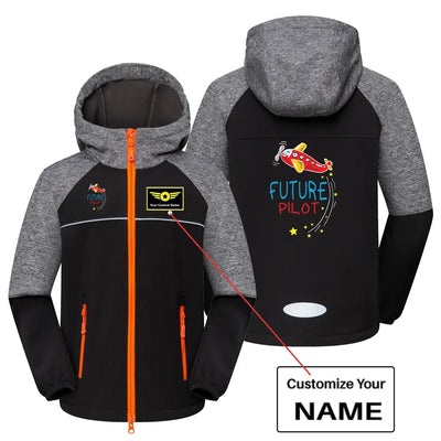Future Pilot (Airplane) aviation design printed on warm polar fleece kids' polar jacket.