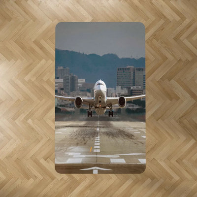 Departing Boeing 787 Dreamliner aviation print rectangle carpet floor mat, durable carpet pile with non-slip backing.