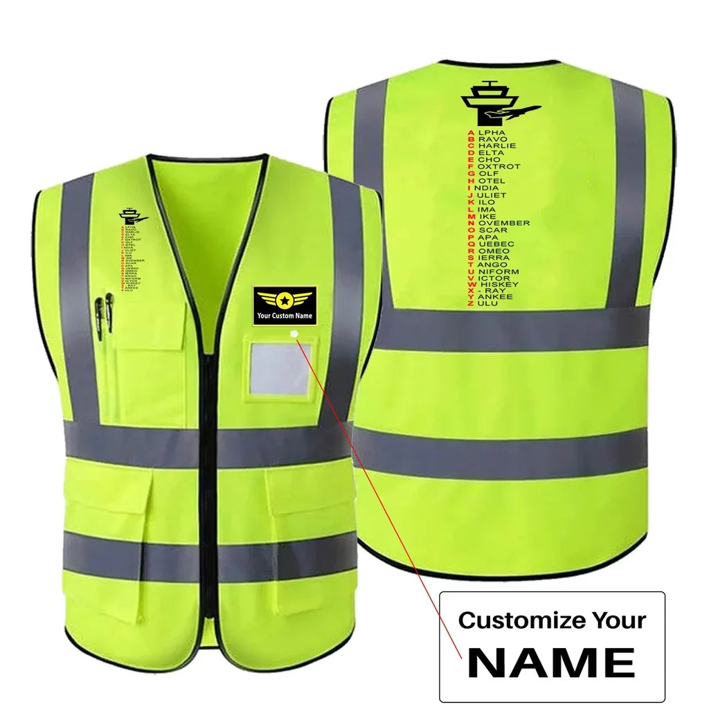 Aviation Alphabet aviation design printed on high-visibility reflective fabric reflective vest.