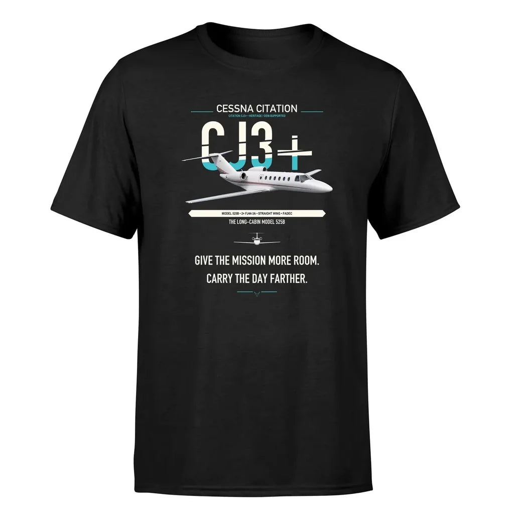 Cessna Citation CJ3+ design on black double-side t-shirt, single-side print