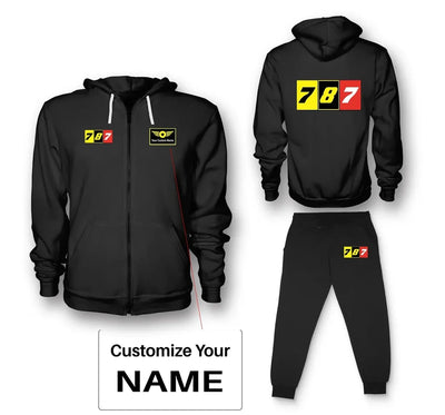 Flat Colourful 787 aviation design on soft cotton blend zipped hoodie and sweatpants set.