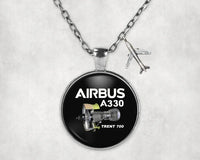 Thumbnail for Side view of Airbus A330 & Trent 700 Engine aviation necklace in stainless steel, polished finish.