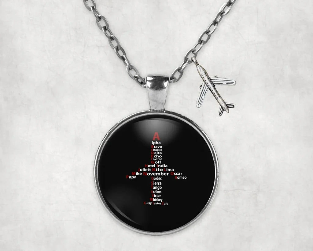 Airplane Shape Aviation Alphabet aviation necklace, stainless steel body with engraved detail.