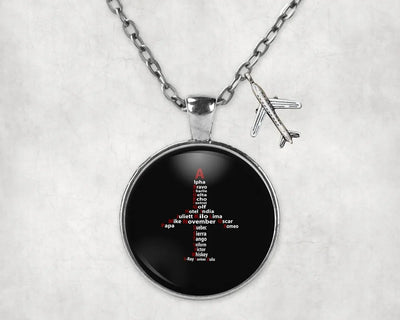 Airplane Shape Aviation Alphabet aviation necklace, stainless steel body with engraved detail.