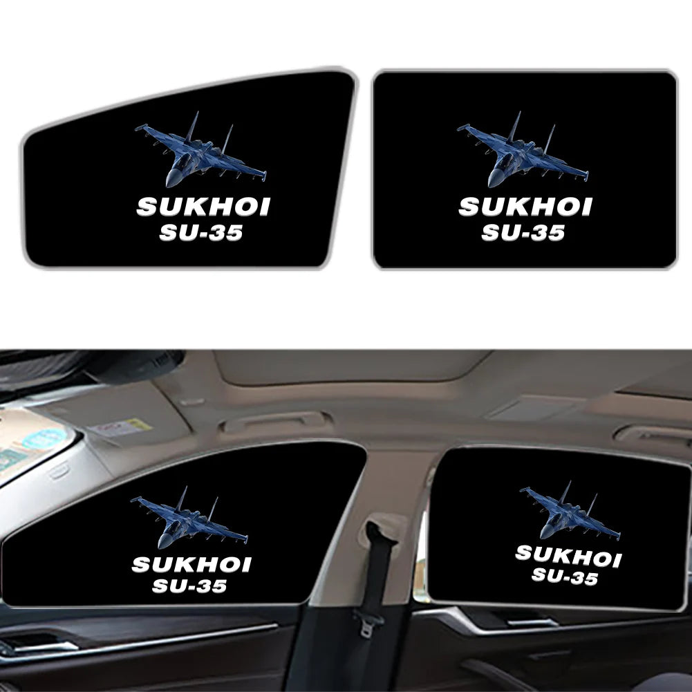 The Sukhoi SU-35 Car Sun Shade (Side window) aviation design on reflective polyester car side window sun shade.