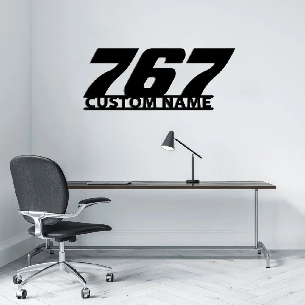 Boeing 767 Flat Text aviation design on durable metal with painted finish metal wall sign.
