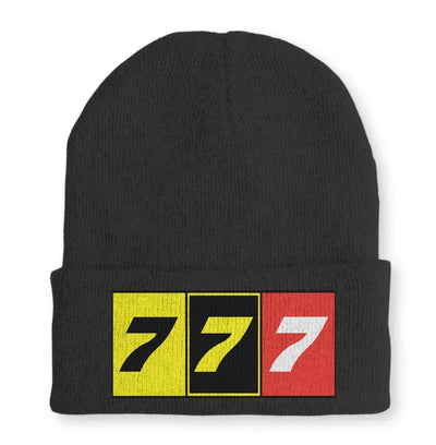 Flat Colourful 777 Embroidered aviation embroidery on soft knit fabric beanie.