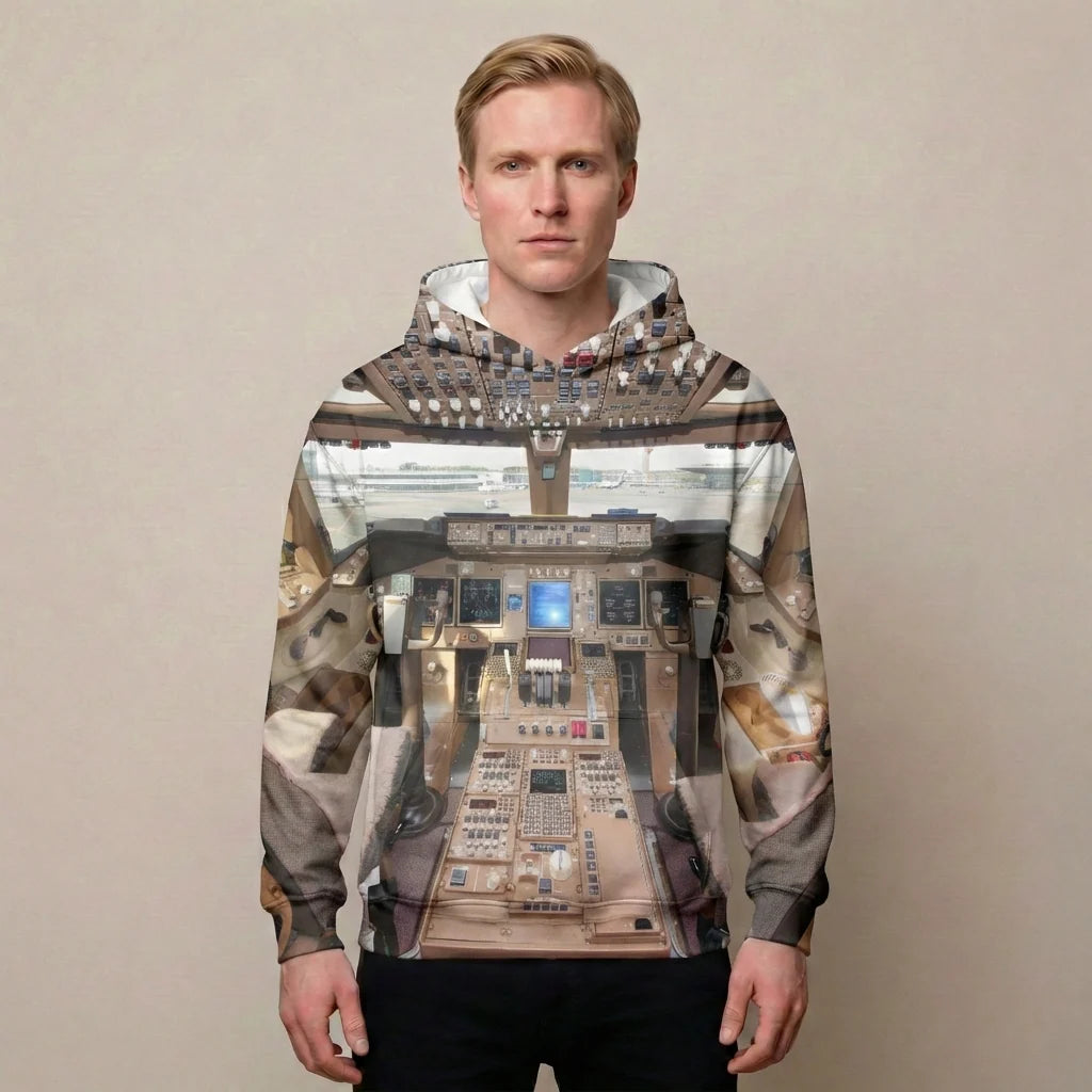 Boeing 747 Cockpit Printed aviation design printed on soft cotton 3D-print T-shirt.
