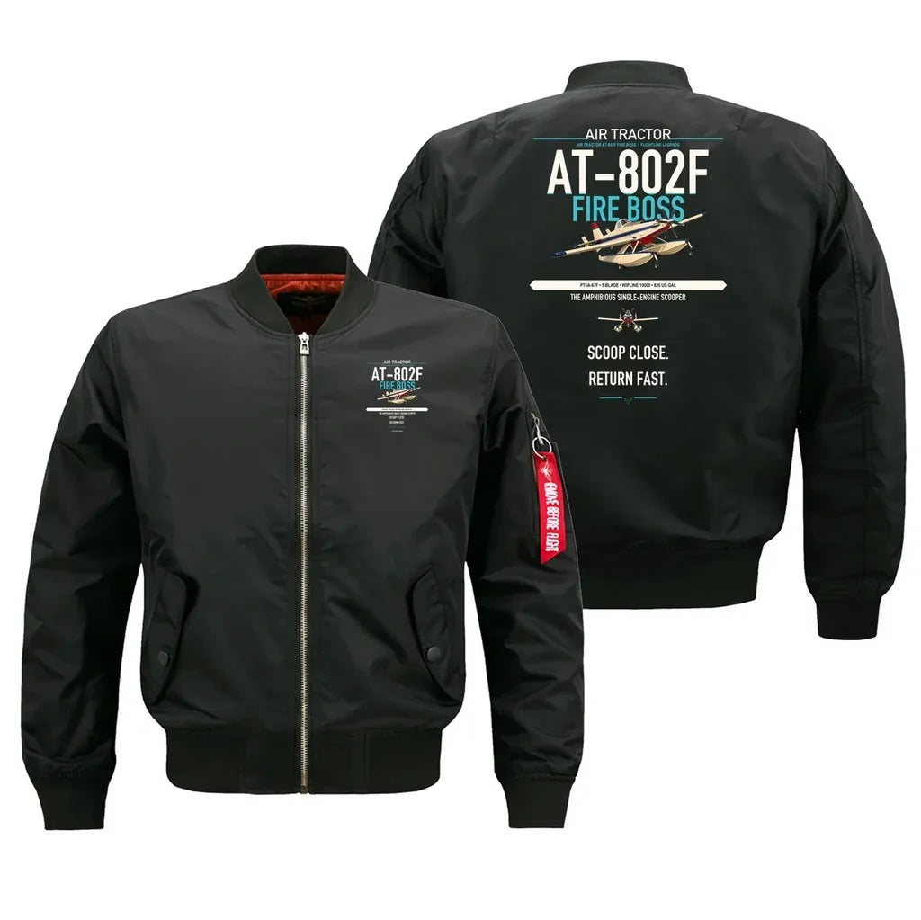 Air Tractor AT-802F Fire Boss design on black bomber jacket, double-side print