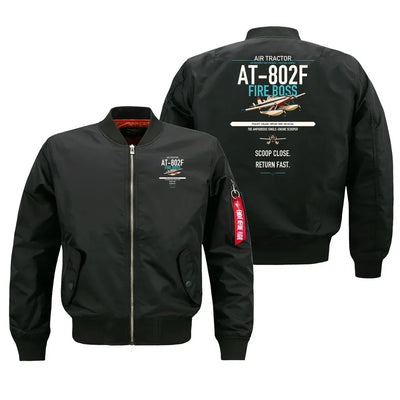 Air Tractor AT-802F Fire Boss design on black bomber jacket, double-side print