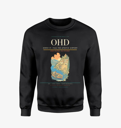 Ohrid St. Paul the Apostle Airport (OHD) design on black sweatshirt