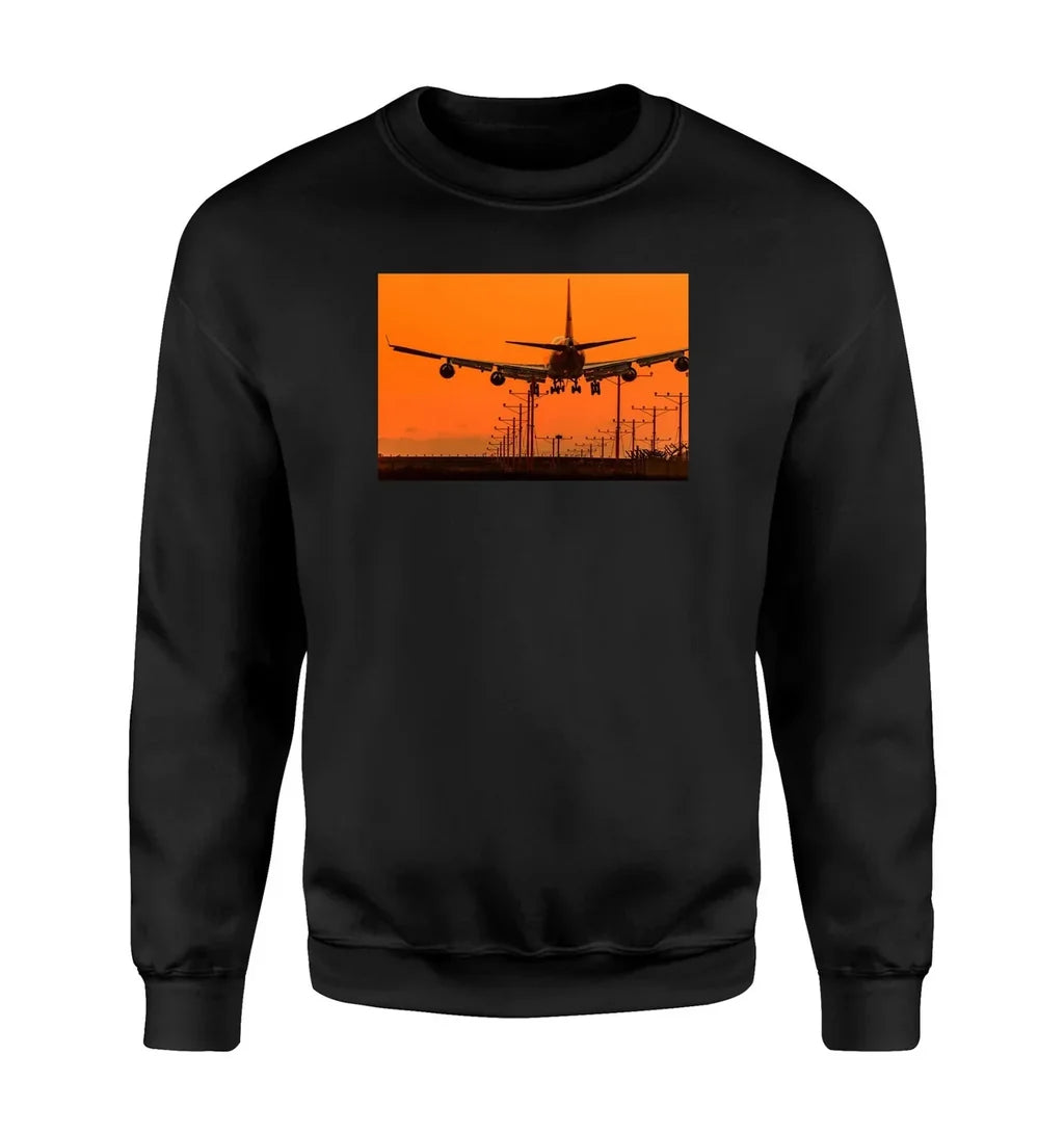 Close up to Boeing 747 Landing at Sunset aviation design printed on soft cotton blend sweatshirt.