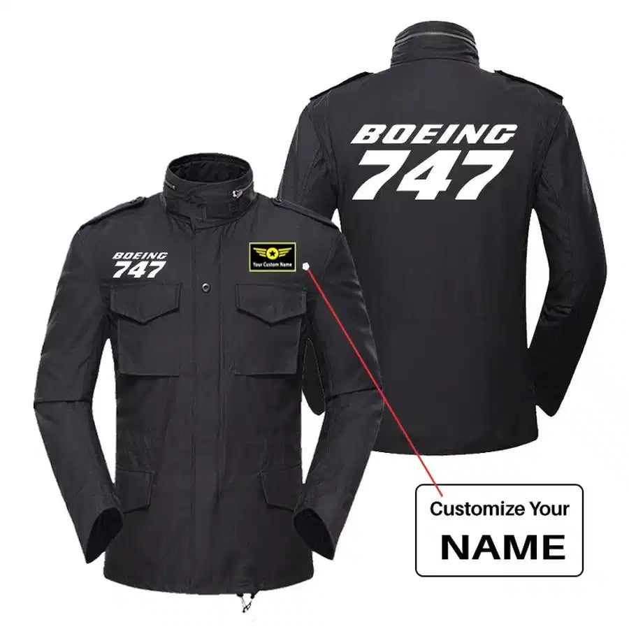 Boeing 747 & Text aviation design printed on heavy cotton coat with field details military coat.