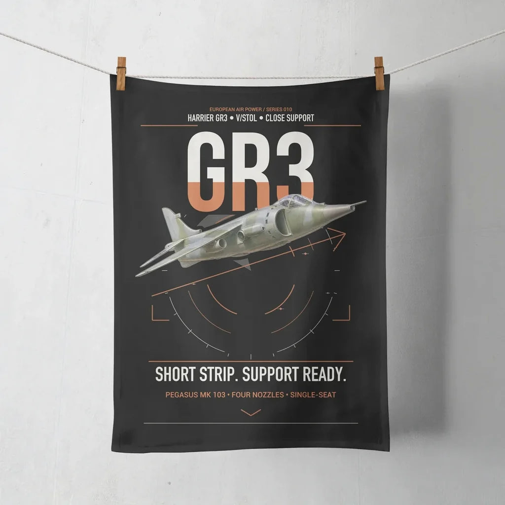 Hawker Siddeley Harrier GR3 design on black towel