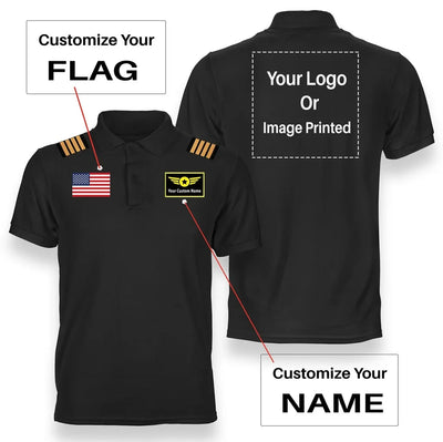 Custom Flag & Name & Epaulettes & LOGO aviation design printed on soft cotton double-side polo.