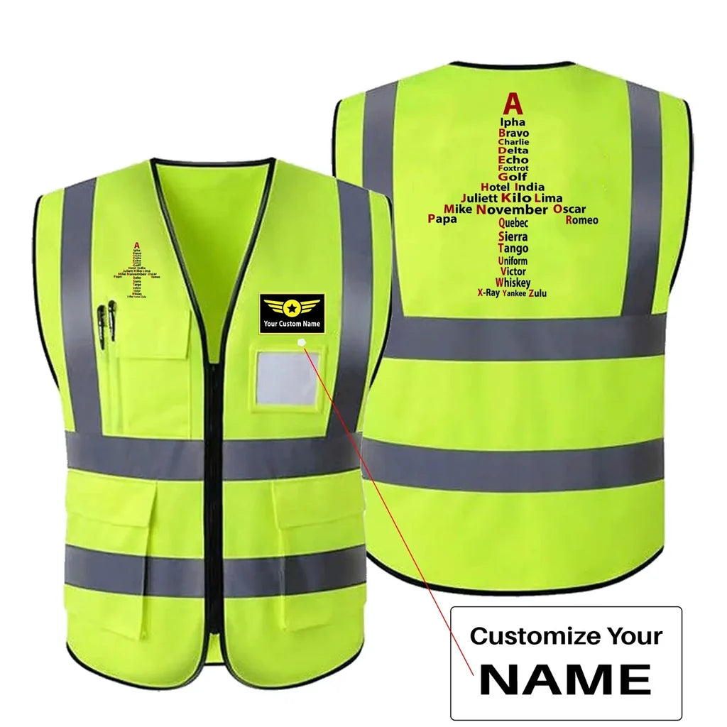 Airplane Shape Aviation Alphabet aviation design printed on high-visibility reflective fabric reflective vest.