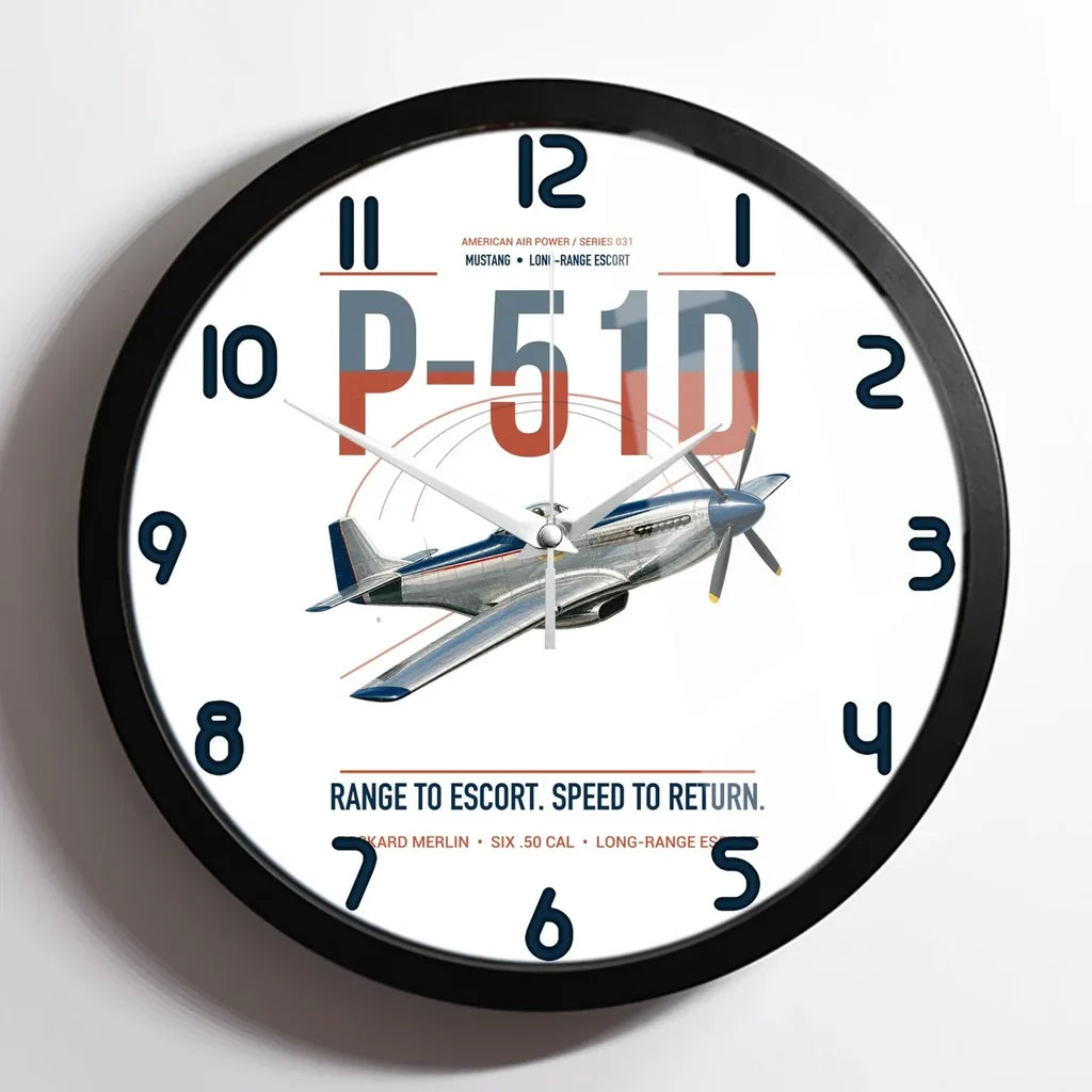 P-51D Mustang design on white framed wall clock