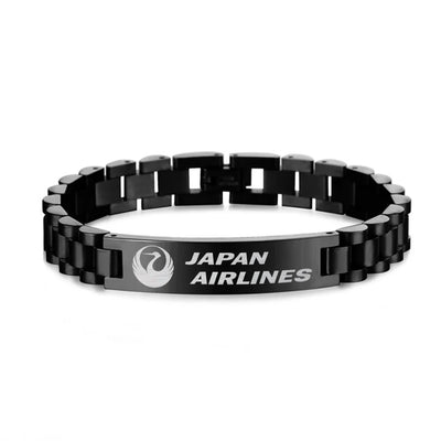 Japan Airlines aviation-themed chain bracelet, polished stainless steel.