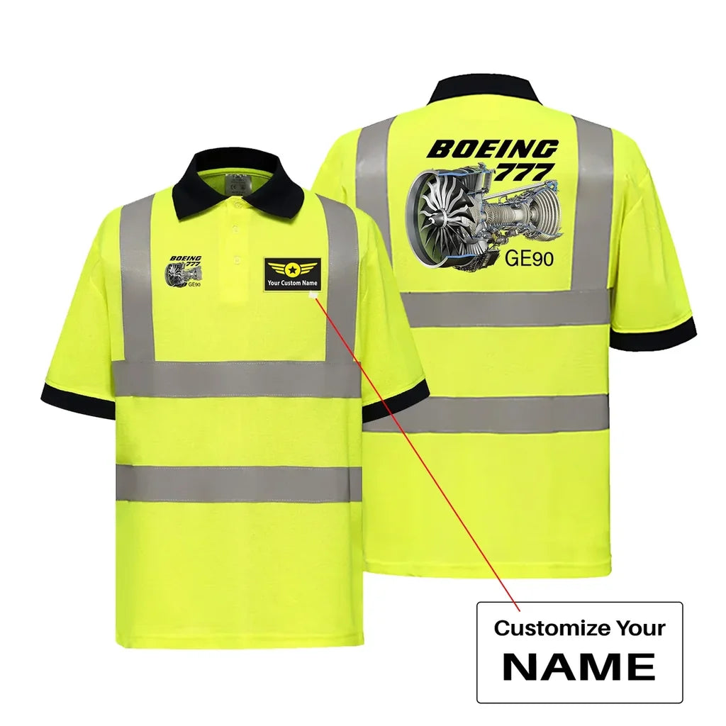 Boeing 777 & GE90 Engine aviation design printed on soft cotton reflective polo shirt.