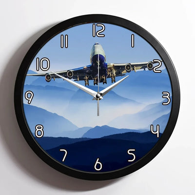 Landing Boeing 747 From Front aviation design on premium wood and metal wall clock.