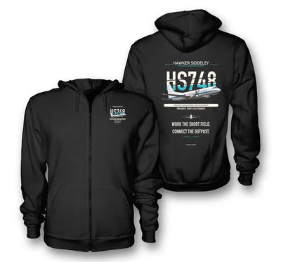 Hawker Siddeley HS 748 Series 2A design on black zipped hoodie