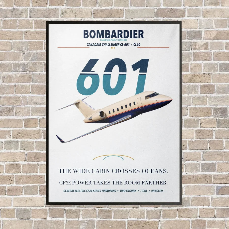 Bombardier Challenger 601 vertical canvas print - framed - white background