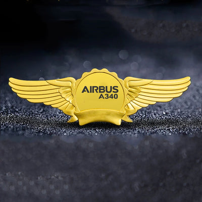 Airbus A340 & Text aviation badge in polished metal.