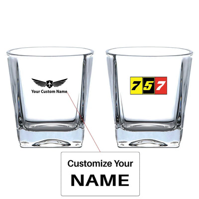 Flat Colourful 757 aviation design on whiskey glass, crystal-clear premium glassware.