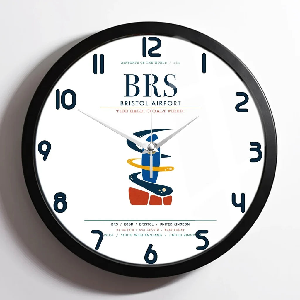 Bristol Airport (BRS) design on white framed wall clock