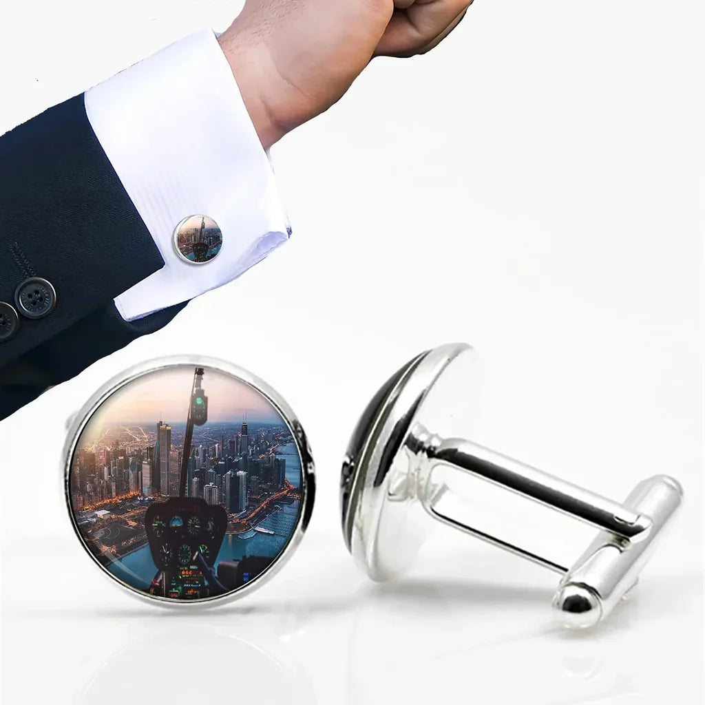 Side view of Amazing City View from Helicopter Cockpit aviation cuff links in polished metal, polished finish.